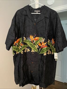 Black Tropical-Print Men's Camp Shirt